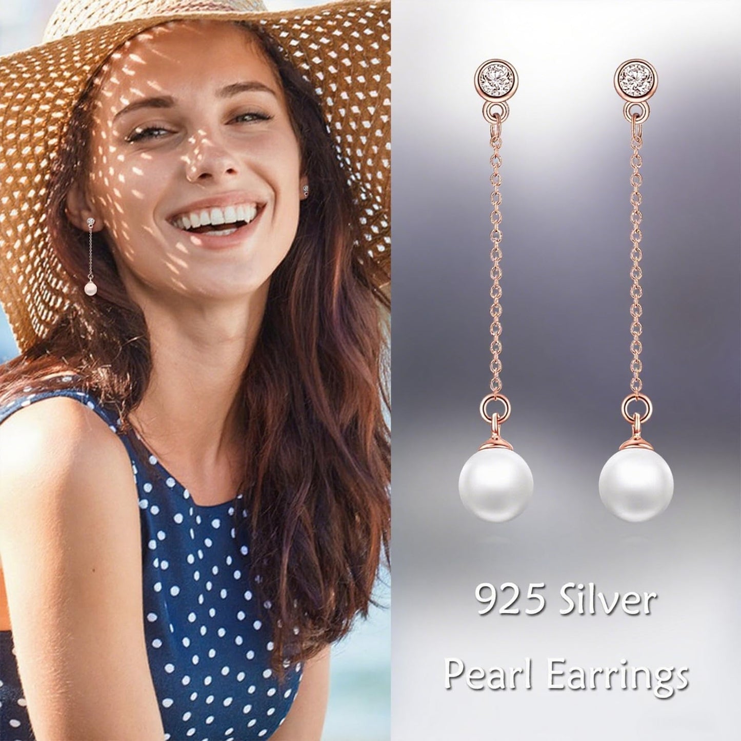 POPLYKE Rose Gold Plated Pearl Drop Earrings Sterling Silver Threader Long Chain Pearl Earrings Jewelry Gifts for Women