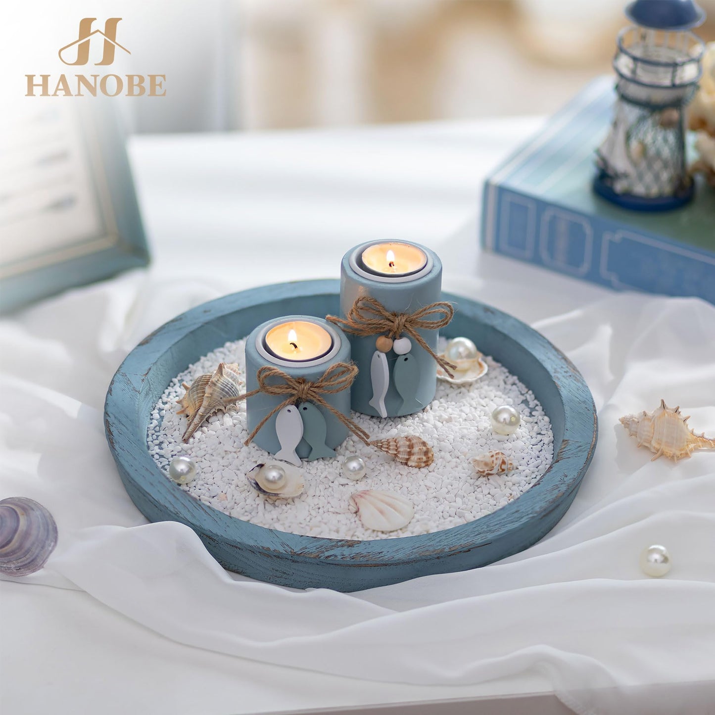 Hanobe Beach Decor Decorative Tray: Farmhouse Coastal Tray for Nautical Themed Decorations Coffee Table - Round Wooden Trays Ocean Style for Bathroom Countertop Centerpiece Rustic Blue