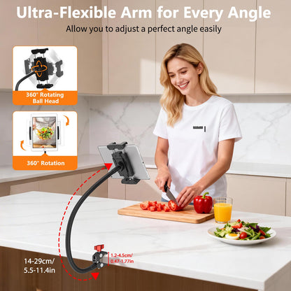 Gooseneck Tablet Holder, 19.69" Metal Crab Clamp iPad/iPhone Mount for Stroller/Treadmill/Golf Cart/Boat/Mic Stand/Gym Bicycle Handlebar Clamp/Desk, Compatible with 4-13" iPad Pro/Air/Mini/E-book