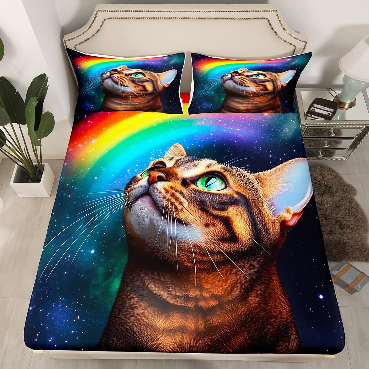 Erosebridal Galaxy Cat Fitted Sheet Twin Size, Rainbow Cat Bedding Set for Kids Children Girls Boys, Animal Themed Bed Cover, Fashion Starry Sky Decoration 2 Pcs Bedding Decor Set with 1 Pillowcase