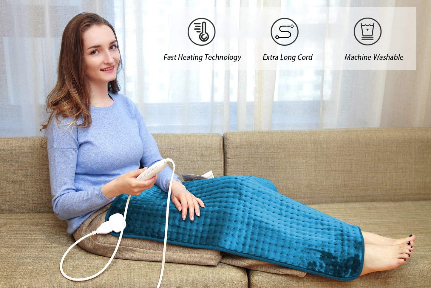 Ruqiji 17''x33'' XXXL King Size Heating Pad with 120 Minutes Auto Shut Off&6 Temperature Settings, Flannel Electric Heating Pad/Pain Relief for Back/Neck/Shoulders/Menstrual Pain/Leg Cramp (Dark Blue)