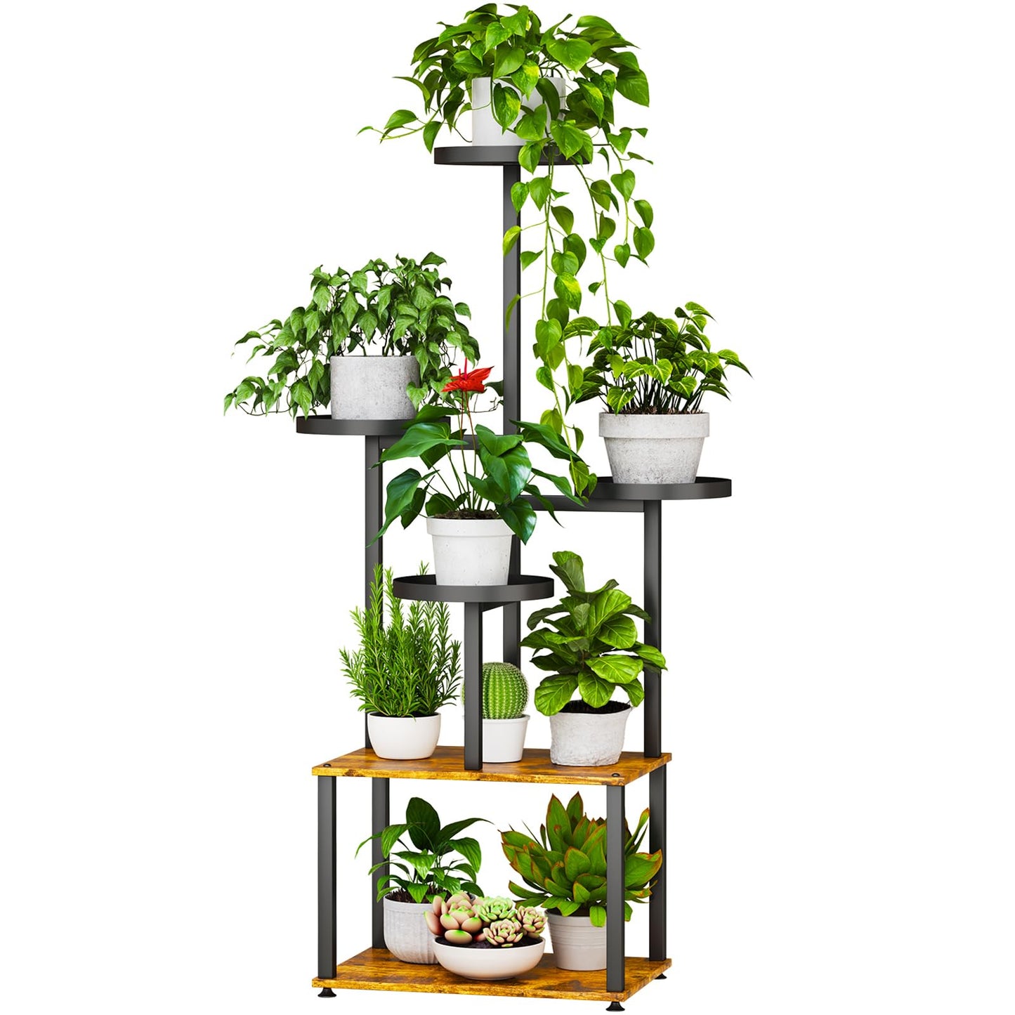 LMGVRZK Plant Stand 6 Tier Indoor Metal Plant Shelf for Multiple Plants Corner Tall Flower Holders for Living Room Bedroom Patio Balcony, Black (6 Tier-Extra Large-Black+Rustic Brown)