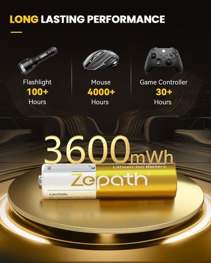 Zepath 8xAA Rechargeable Lithium Batteries with Charger, 3600mWh High Capacity 1.5V AA Batteries, Long Lasting Rechargeable AA Li-ion Battery with Integrated Charing Storage Box