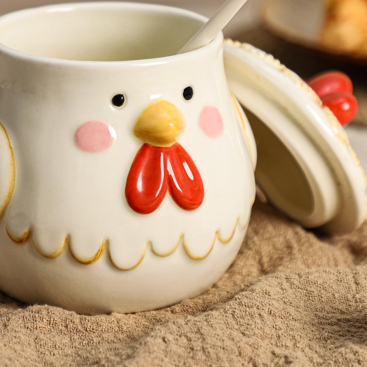CHOOLD Retro Cartoon Rooster Ceramic Condiment Pot with Lid and Spoon, Salt Bowl Sugar Bowl
