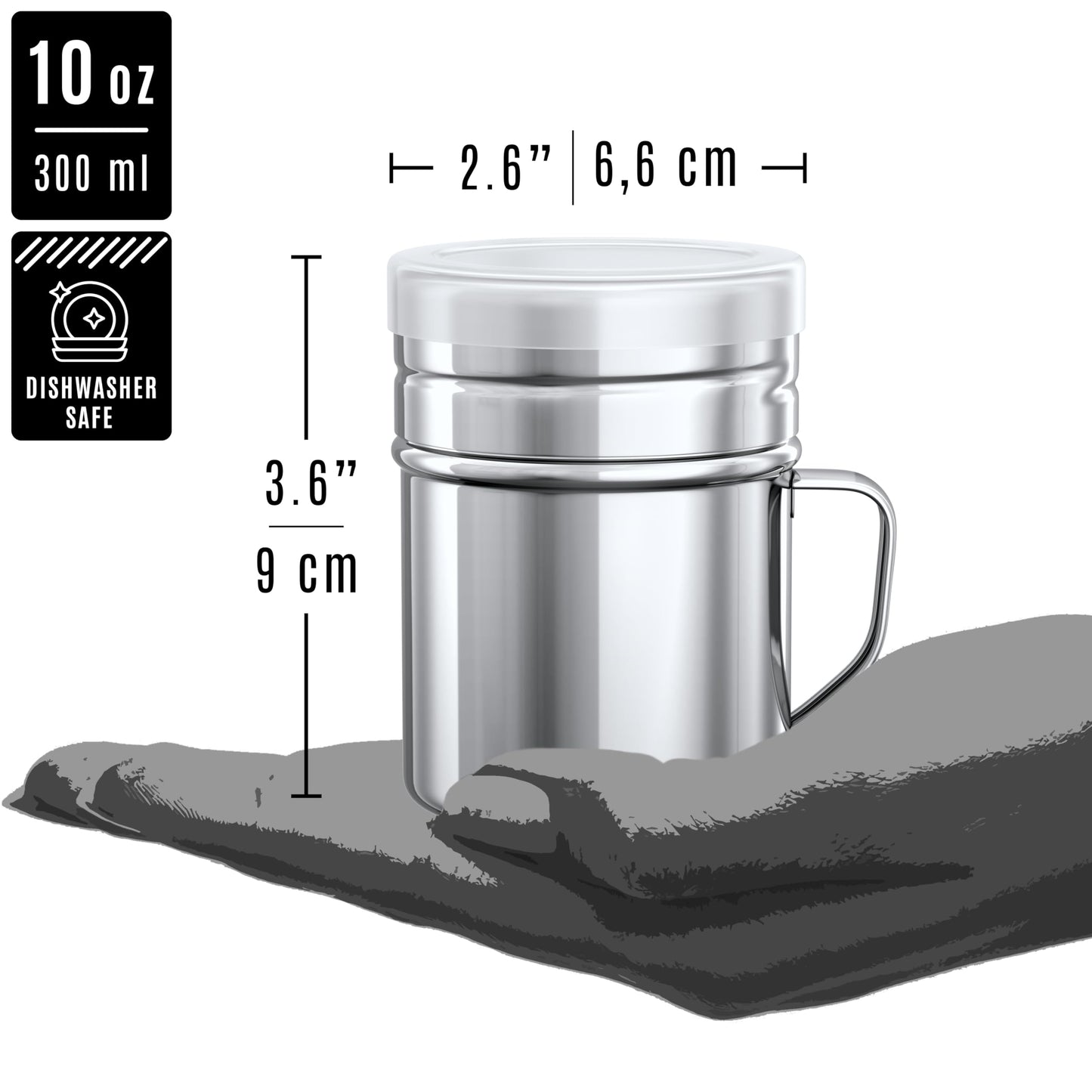 CUSINIUM 10oz Stainless Steel Salt Pepper Dredge Shakers - With Plastic Cap - With Handle - Pack of 4