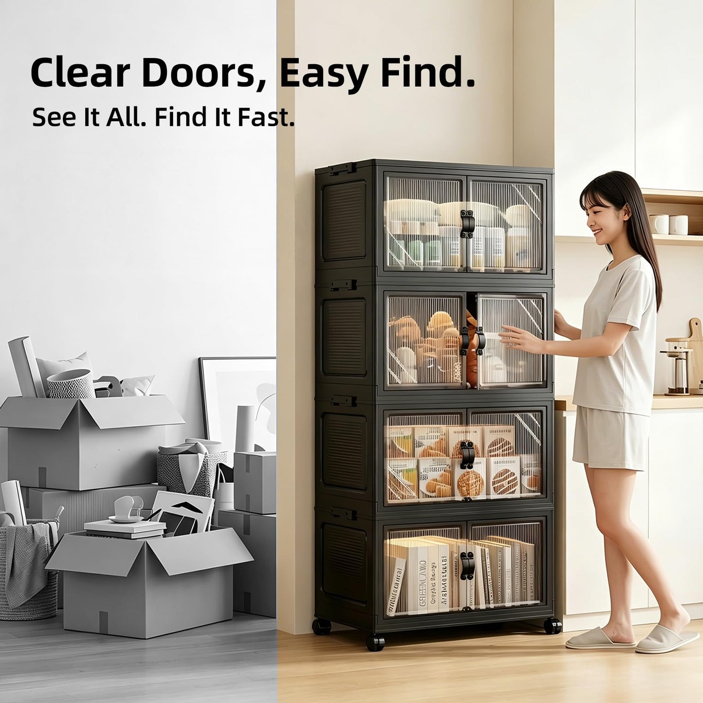 FoldTrend 5-Tier Foldable Storage Cabinet with Wheels & Lid, 242QT Large Stackable Organizer, No Tool Required, Storage Cabinet for Garage, Home Office, Pantry, Kitchen, Dorm