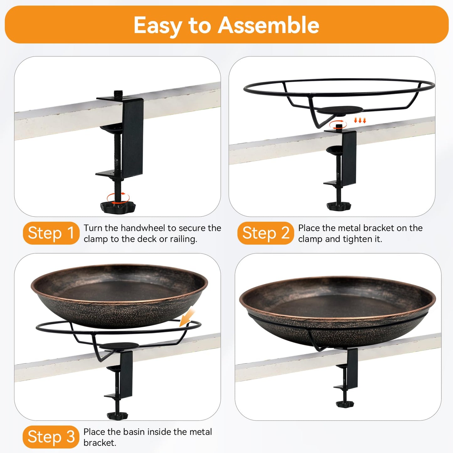 OUISJYER Deck Mounted Bird Bath, Easy to Clean12 Detachable Bath Bowl, Metal Birdbath for Outside with Sturdy Adjustable Clamp for Railing Balcony Fence Outdoor Decor 0.7 Gallon