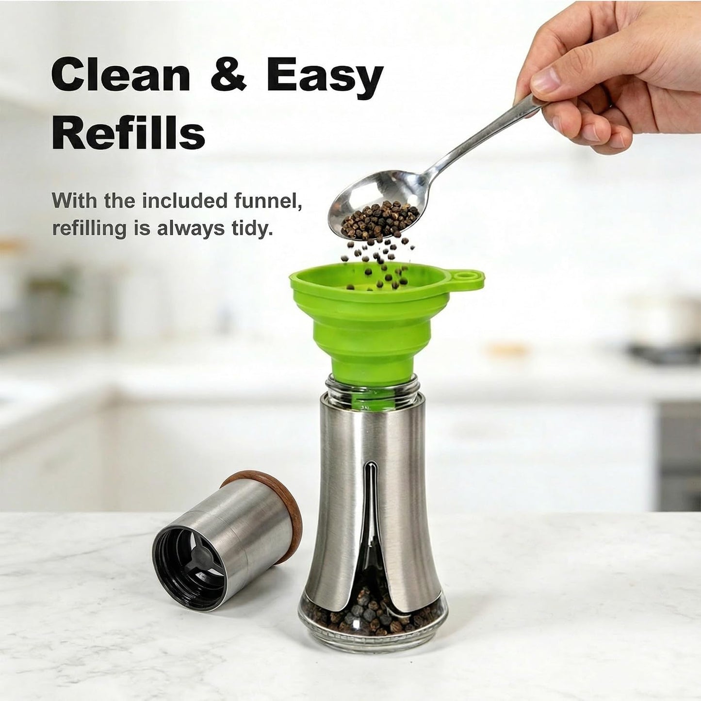 Aelga Salt and Pepper Grinder Set Manual - 4oz Stainless Steel Pepper Mill with 5-Level Adjustable Coarseness, Refillable Glass Salt Grinder with Wood Lid, Silicone Funnel, Modern Kitchen Gift Set