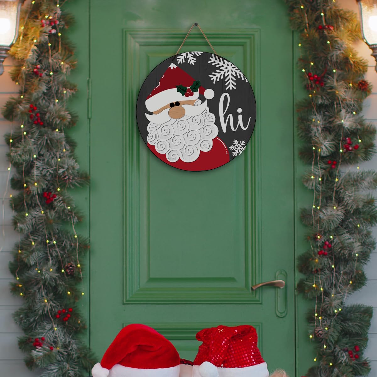Snowflake Santa Merry Christmas Welcome Sign - Santa Christmas Door Hanger - Hello Winter Round Wooden Decor for Tree, Front Door, Porch, Wall, Party Decorations, 8X8 Inches -A20
