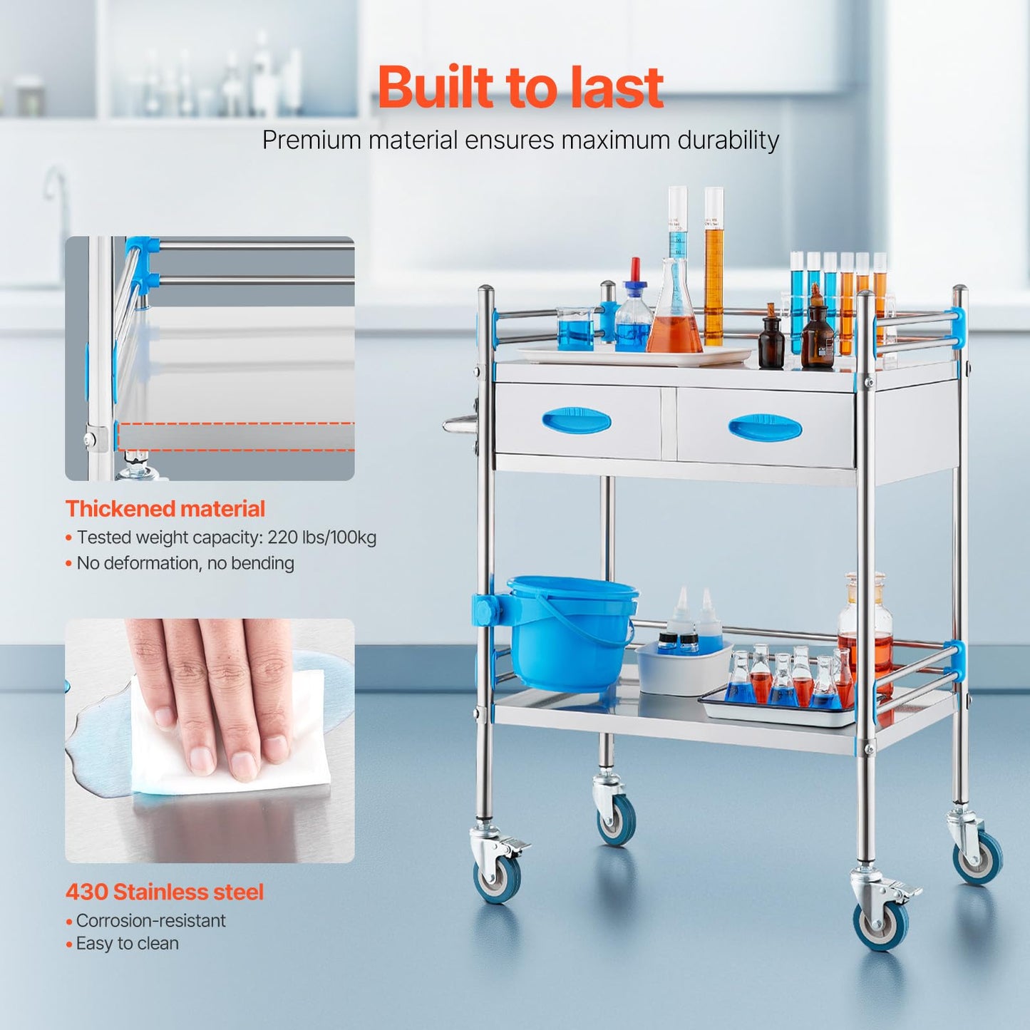 VEVOR Stainless Steel Utility Cart, 2 Layers with Two Lockable Wheels, Ideal for Laboratory, Hospital, Dental Use