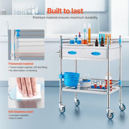 VEVOR Stainless Steel Utility Cart, 2 Layers with Two Lockable Wheels, Ideal for Laboratory, Hospital, Dental Use
