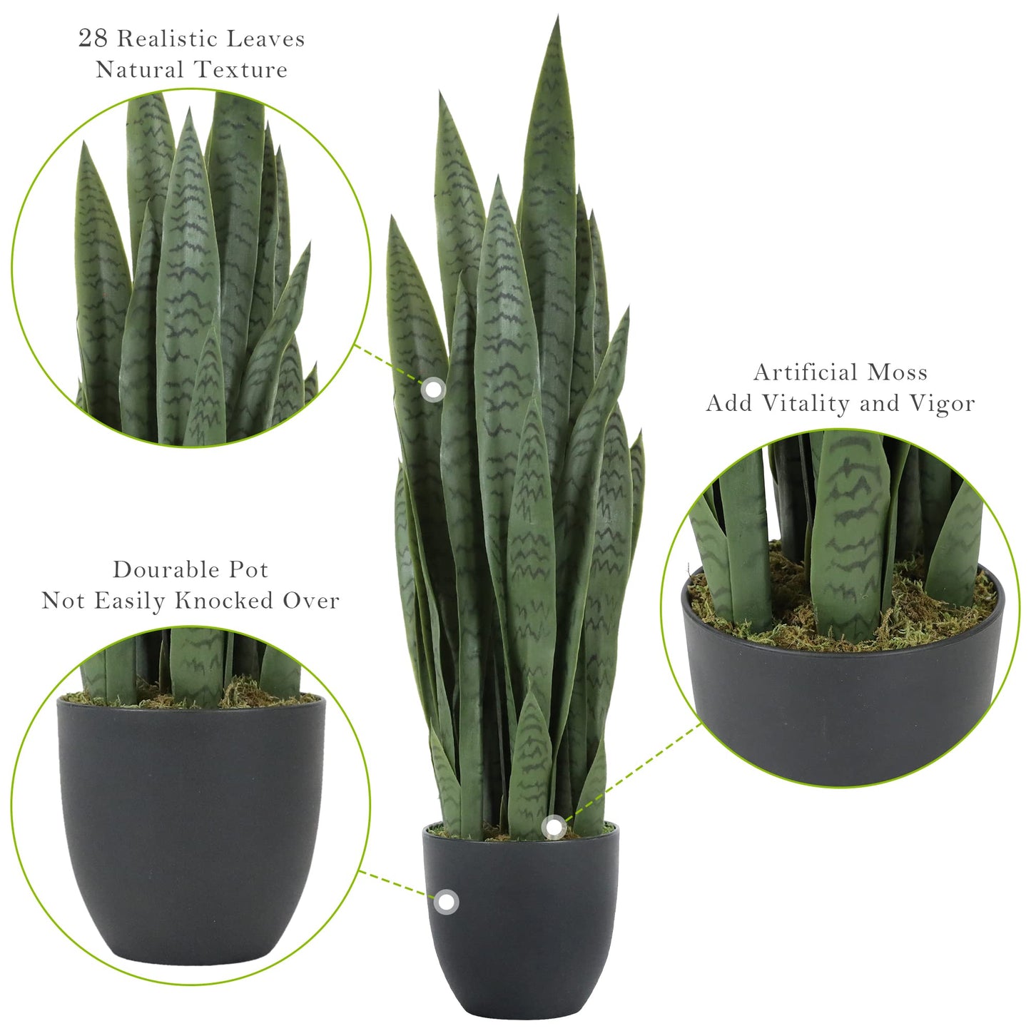 Worth Garden 3ft Artificial Snake Plant Fake Sansevieria Indoor Outdoor, 28 Thick Leaves Lifelike Faux Silk Plant, Home Decor Mother in Law Tongue Plant 35in, with Black pot & Dry Moss Included, Green