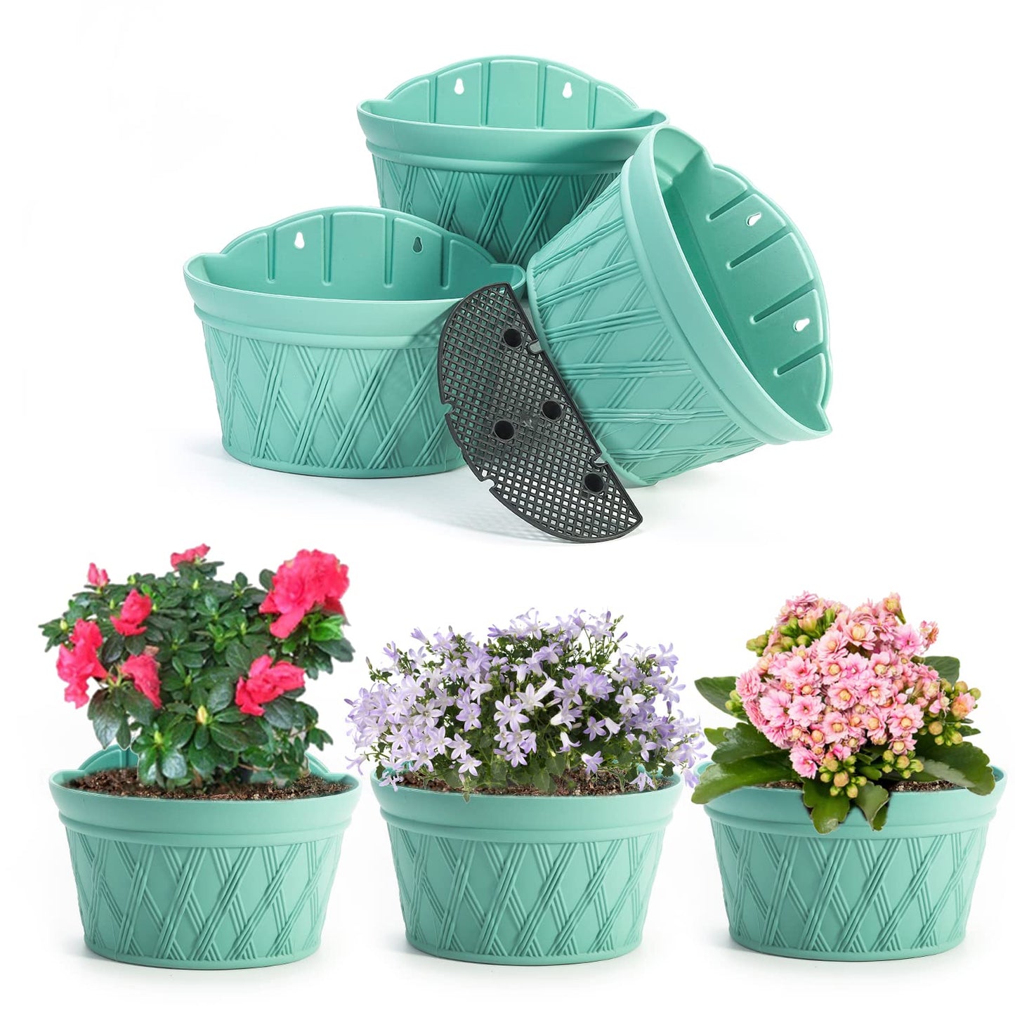 Sungmor Wall Hanging Planters,11.5 Inch Hanging Flower Pots for Railing Fence - Indoor Outdoor Balcony Wall Planter Hanging Basket, Plastic Pot Plant Container - Half Round & 3PC Pack & Green