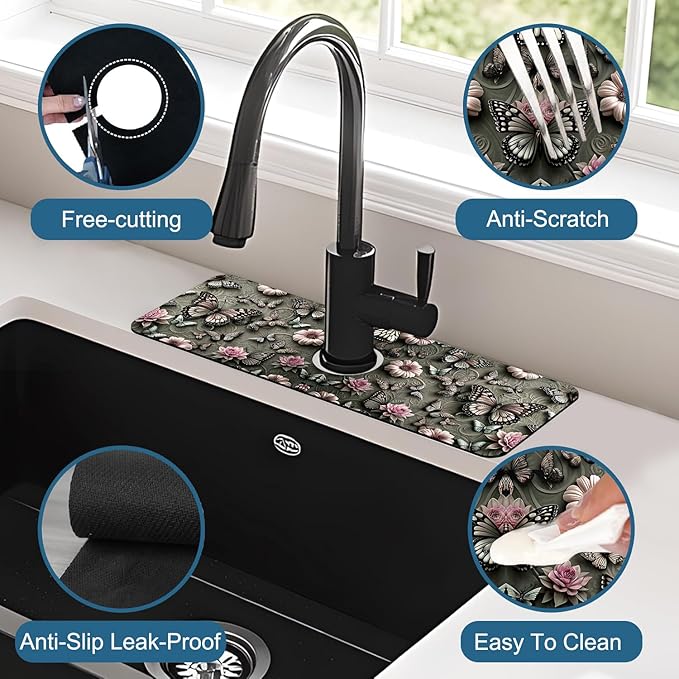 Cute Butterfly Sink Splash Guard Pink Flower Faucet Absorbing Mat Fast Drying