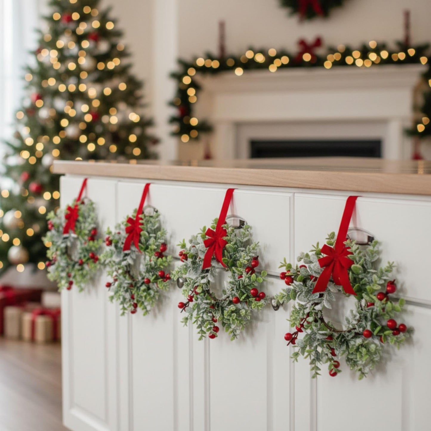WILLBOND 4 Pieces 9.5" Mini Christmas Wreaths for Kitchen Cabinet Small Christmas Candle Rings Red Berries Wreath Pillar Candle Rings Xmas Hanging Garlands for Front Door Fireplace Window Decor