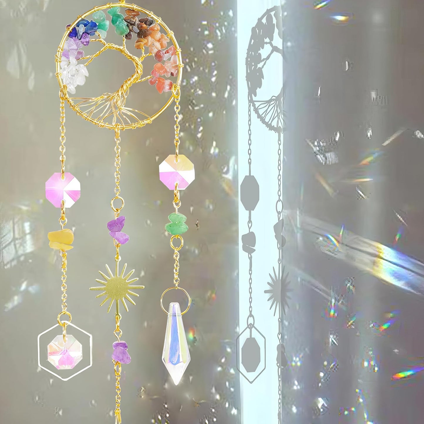 7 Chakra Tree of Life Crystal Suncatcher - Healing Rainbow Maker Hanging Ornament for Home Window Car Decor & Spiritual Gift