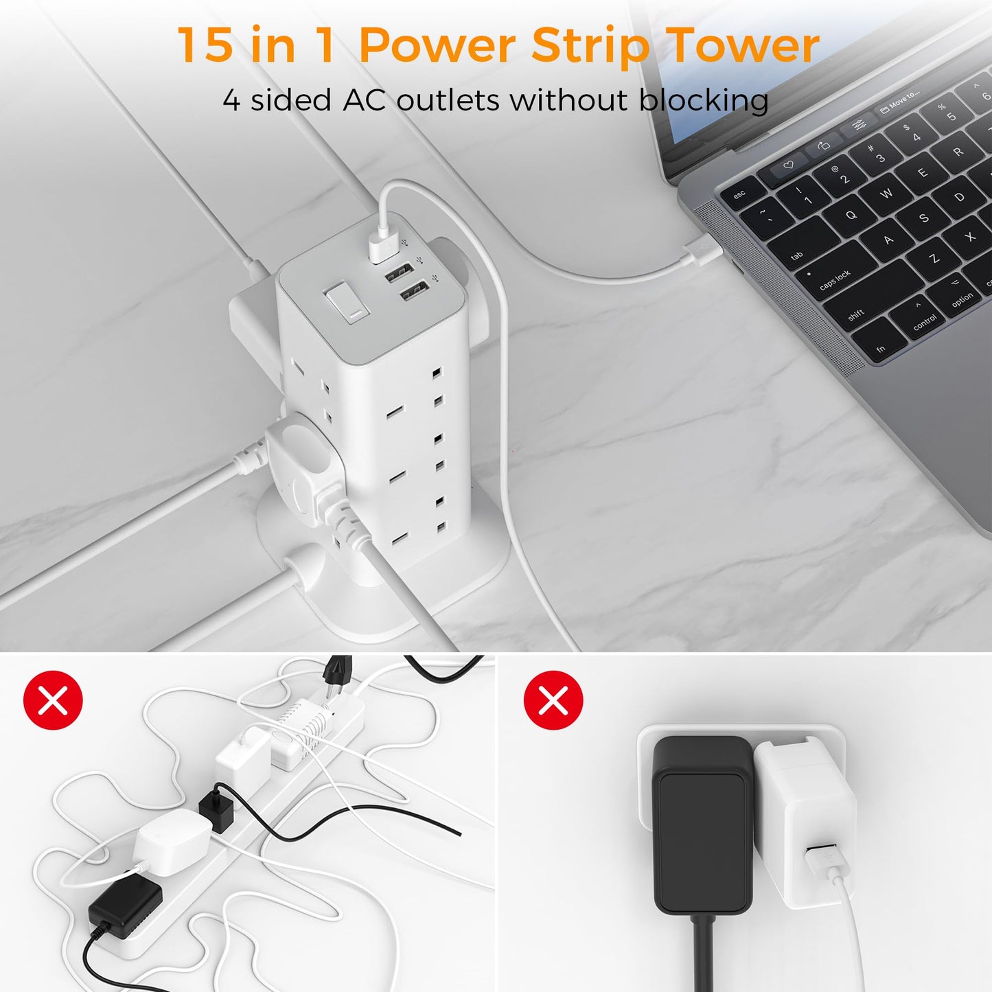 Tower Extension Lead with 3 USB Slots, TESSAN 12 Way Multi Plug Adaptor with Switch, Surge Protected Power Strip with 2M Cable (13A 3250W) for Home, Office, Kitchen, School Supplies