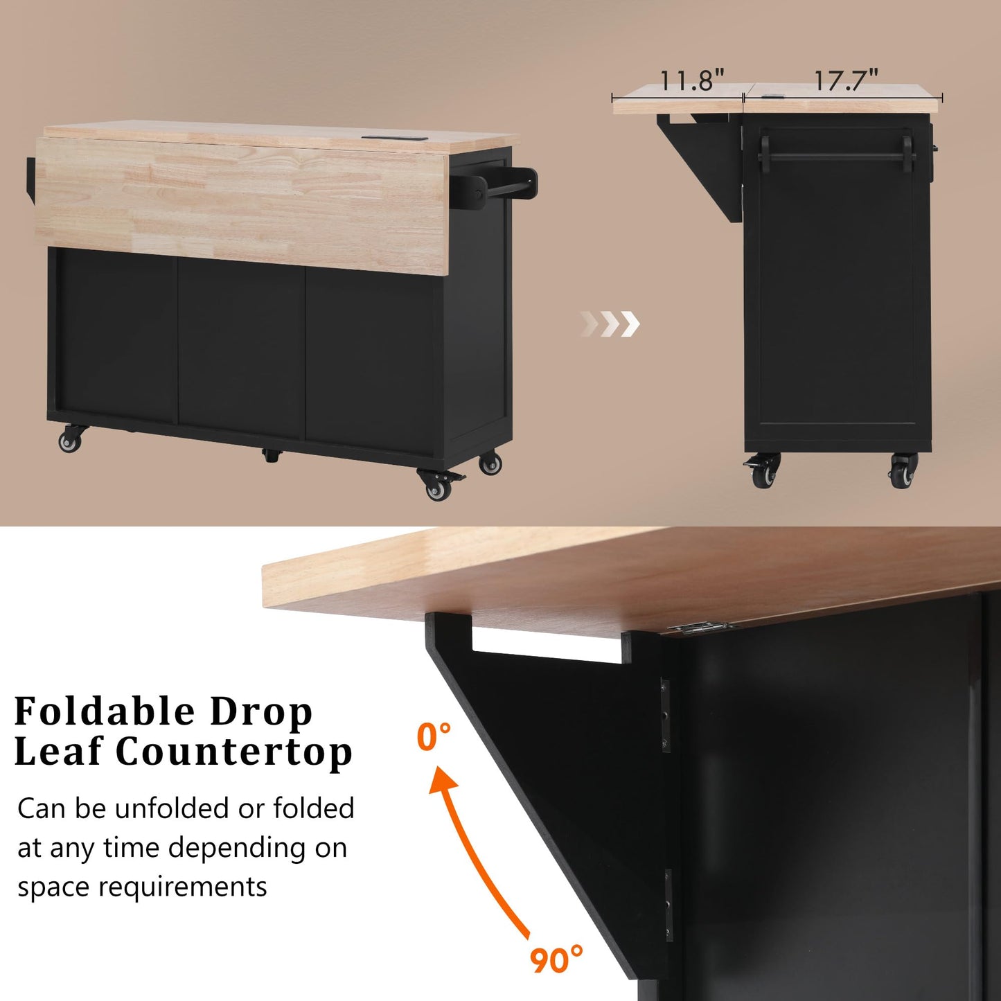 Trygoal Kitchen Island with Power Outlet and Drop Leaf, 56.5" Rolling Kitchen Cart on Wheels with 5 Drawers & 4 Soft-Closing Doors, Mobile Kitchen Island with Embossed Stripe for Dining Room, Black