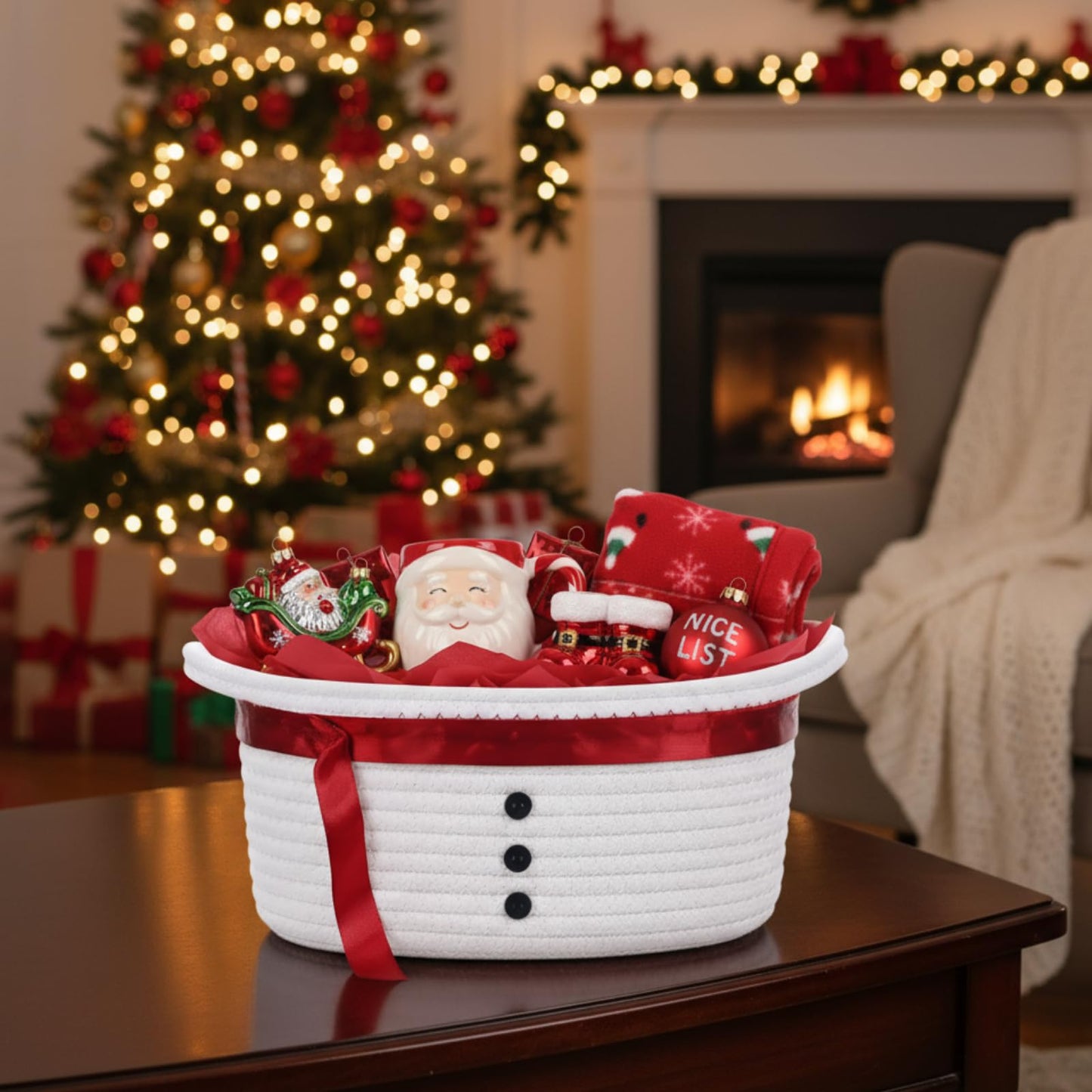 Zopeal Christmas Woven Basket with Gift Bag, Ribbon and Red Tissue Paper Snowman Empty Woven Bin Basket Holiday Decorative for Xmas Gifts, 12 x 8 x 5 Inch