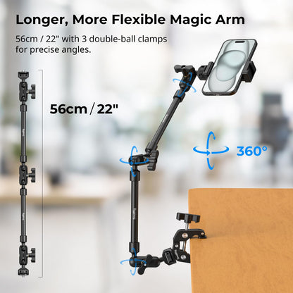 SMALLRIG 22" Magic Arm w Clamp, Overhead Phone Mount, Flexible Desk Camera Mount, Articulating Friction Boom Arm w Thread Adapter, for POV Shot, Light, Webcam, Mic, Action Camera, for Content Creators