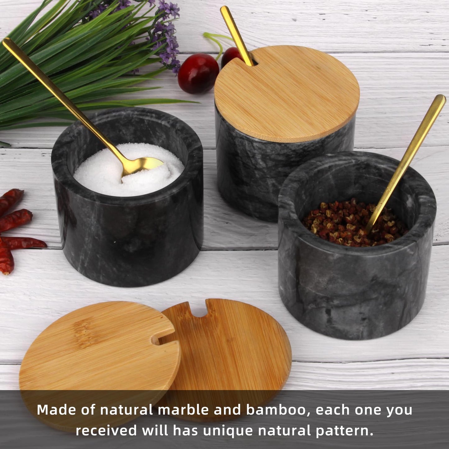 2 Sets Marble Salt Cellar Box with Bamboo Lid & Metal Spoon, Modern Stone Salt or Pepper Sugar Spice Seasoning Bowl Container Jar Holder Well Keeper Dish Pig Crock for Kitchen (White and Dark Grey)