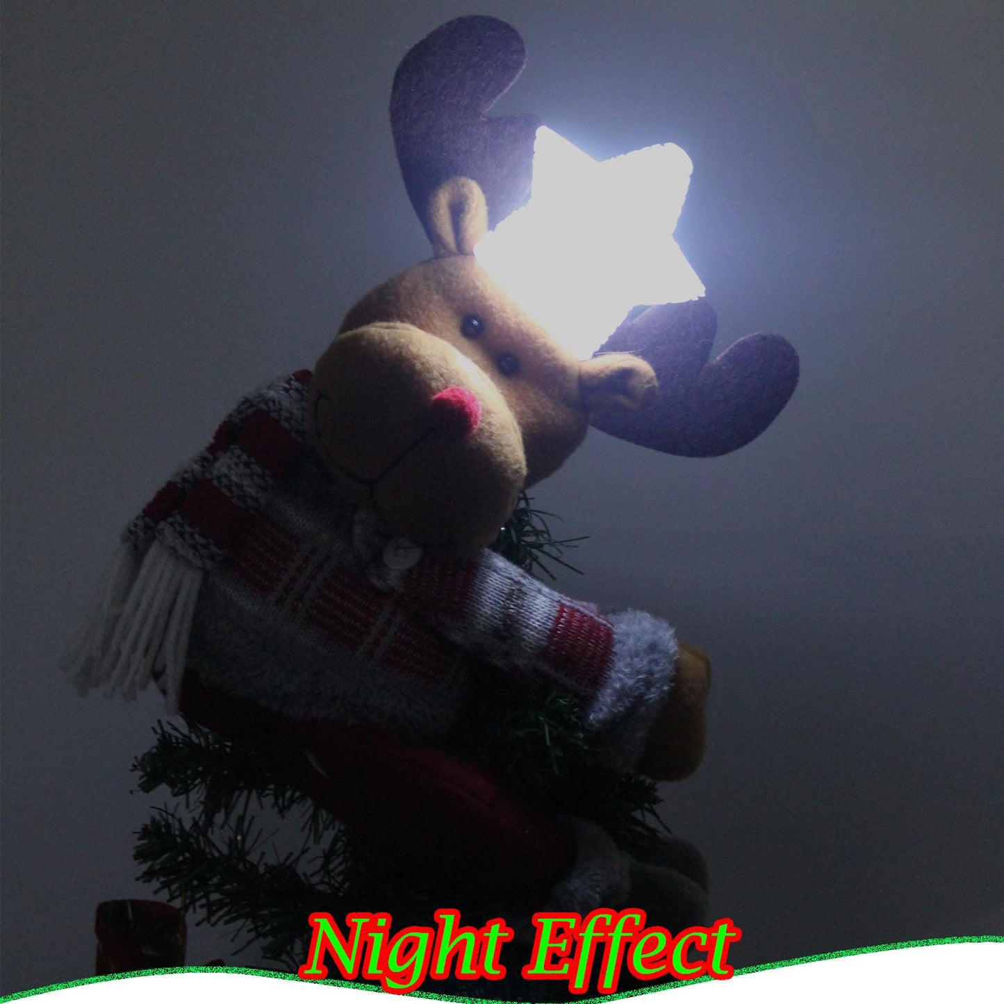Christmas Plush Reindeer Tree Topper with Glowing White Star - Multifunctional Xmas Treetop Ornament, Home Curtain Tie & Hugger Wine Bottle Party Decoration