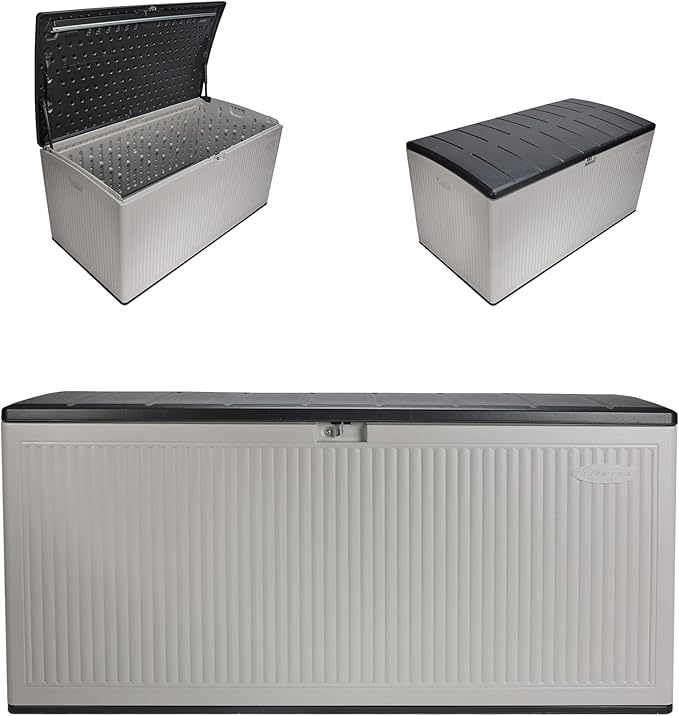 Suncast 160-Gal. Resin Extra-Large Outdoor Patio Deck Box with Pad-Lockable Lid, Modern Reeded Outdoor Patio Bench/Storage Box for Cushions, Garden Tools, and More, Iron Ore/French Gray