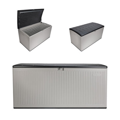 Suncast 160-Gal. Resin Extra-Large Outdoor Patio Deck Box with Pad-Lockable Lid, Modern Reeded Outdoor Patio Bench/Storage Box for Cushions, Garden Tools, and More, Iron Ore/French Gray