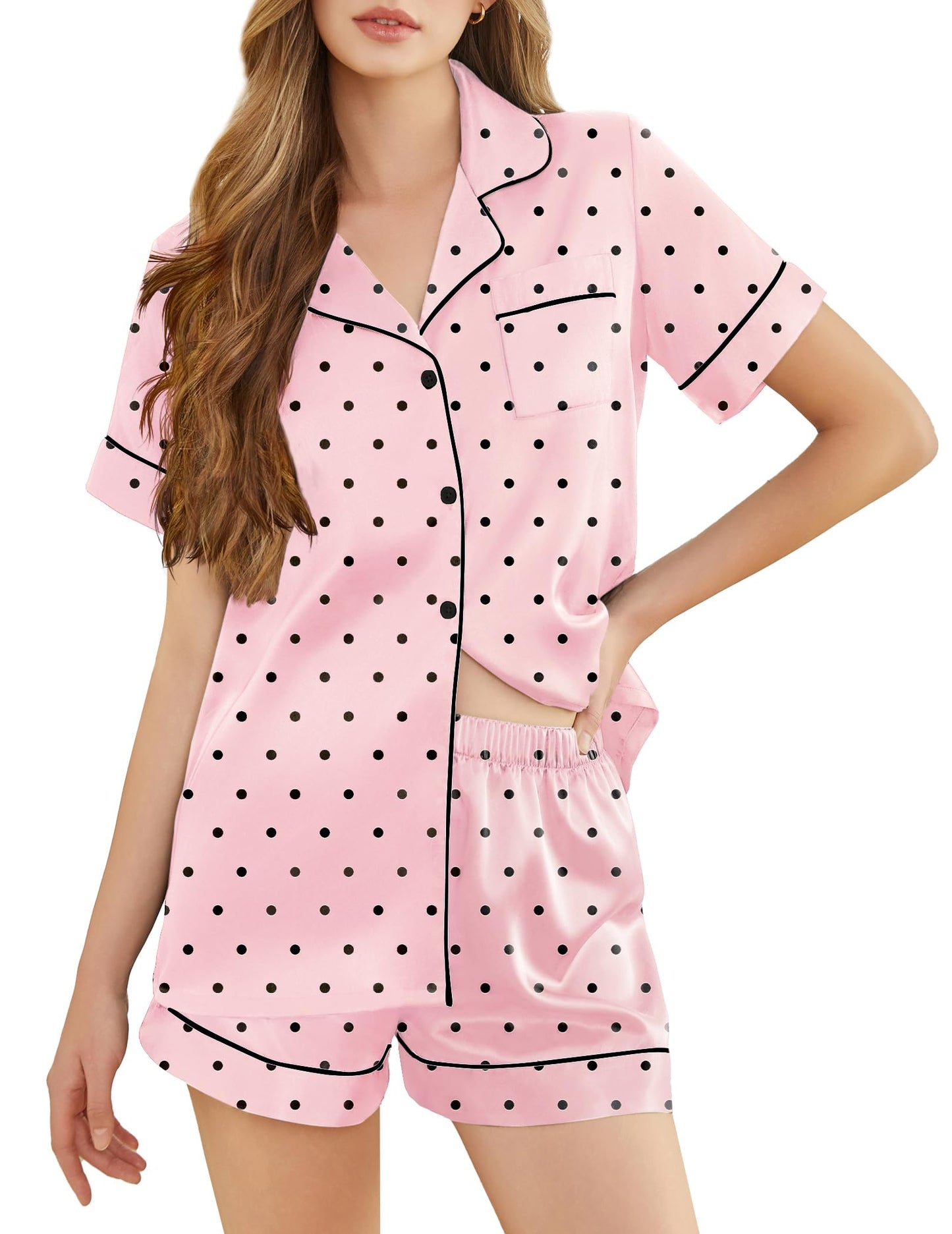 Silk Pajamas for Women Short Sleeve Sleepwear Soft Button Down Loungewear 2 Piece Satin Pjs Shorts Set S-XXL