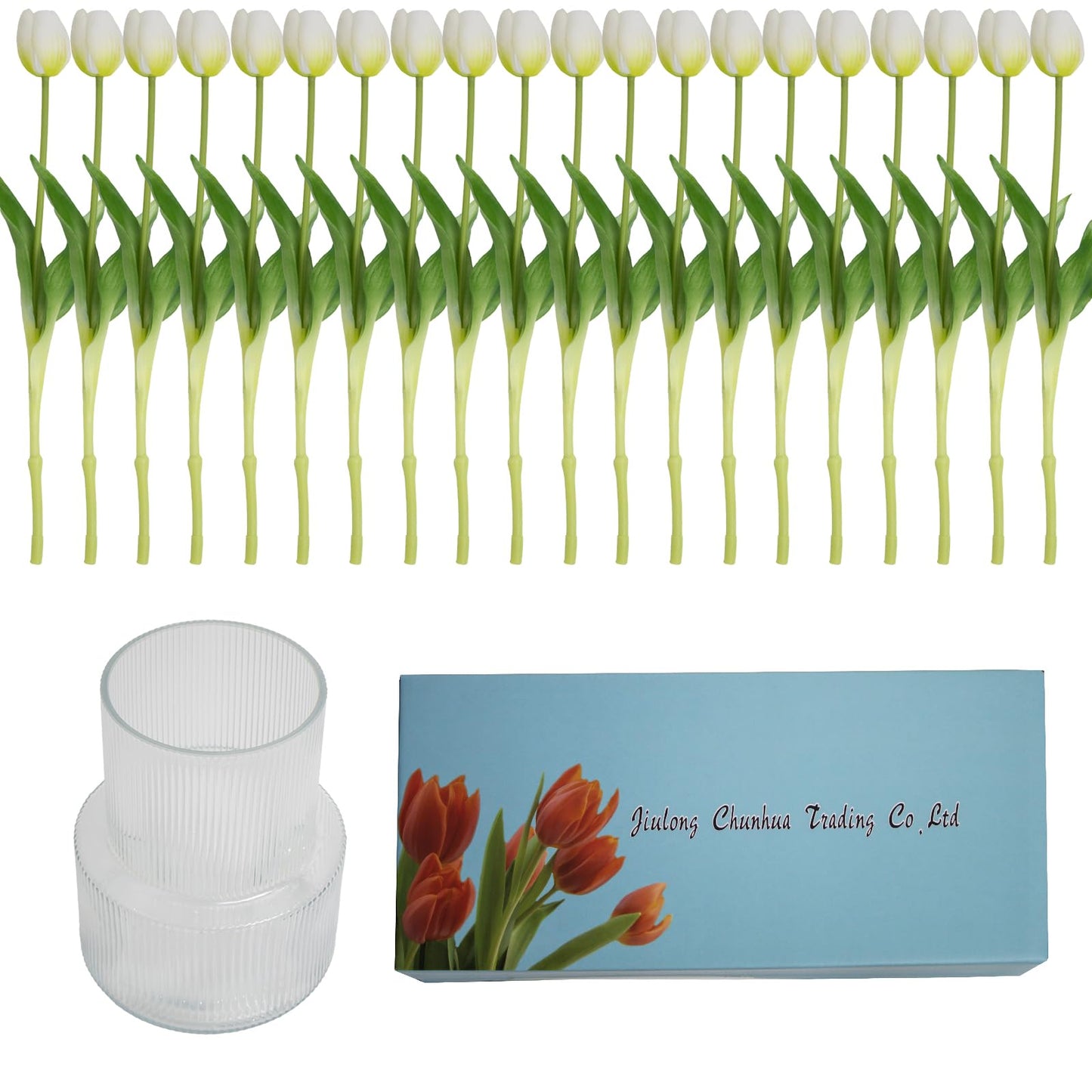 20 Pcs Real Touch Artificial Tulips with Vase, Large Faux Flower Arrangement in Heavy Fluted Glass, Bouquet for Dining Table Centerpiece, Home Office, Spring Decor, Set with Dust Bag (White)