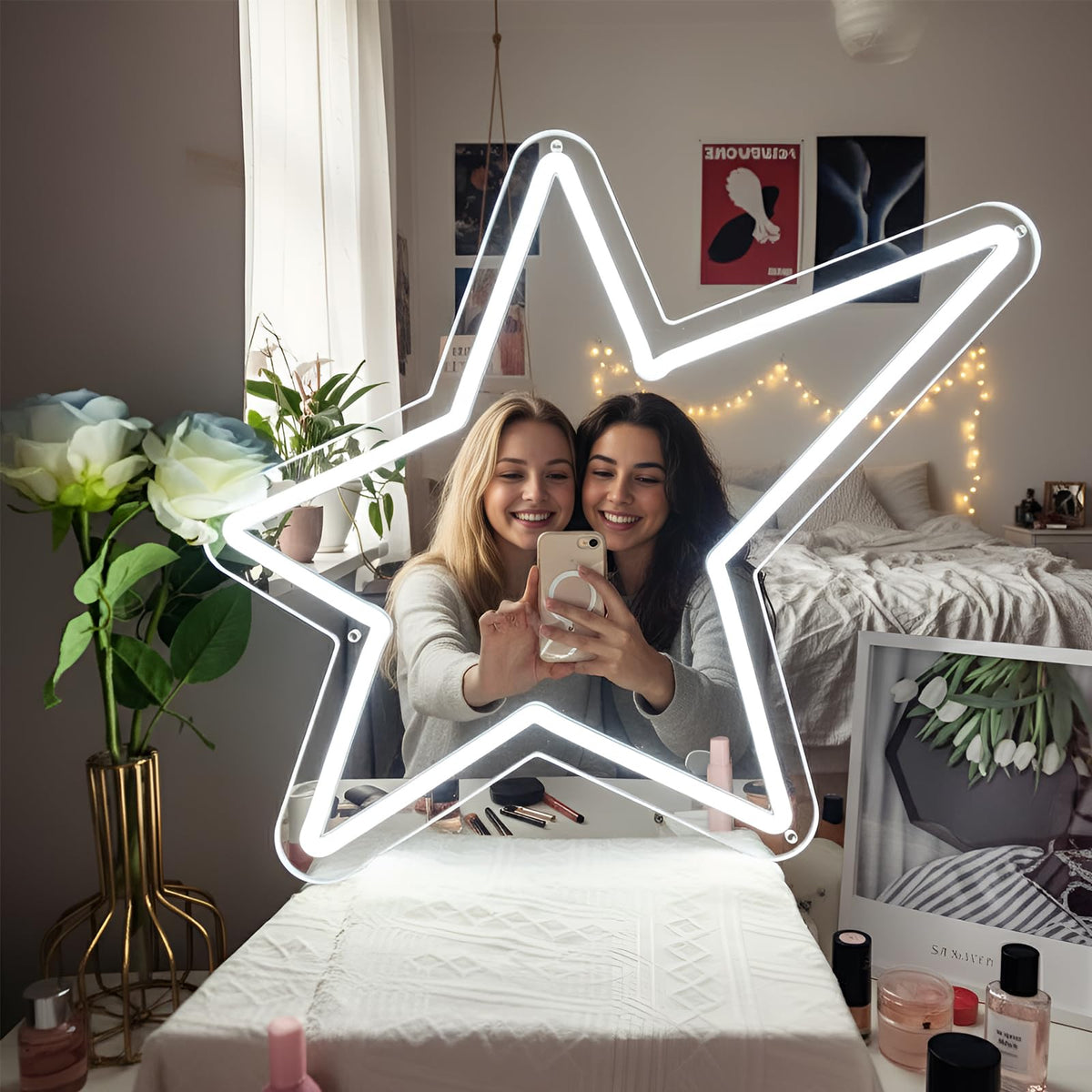 Bucherry Star Neon Mirror Sign, Star Room Mirror, USB LED Light, White, 12"x15", Decorative Wall Decor, Ideal for Bedroom, Party, Studio, Store, Gift