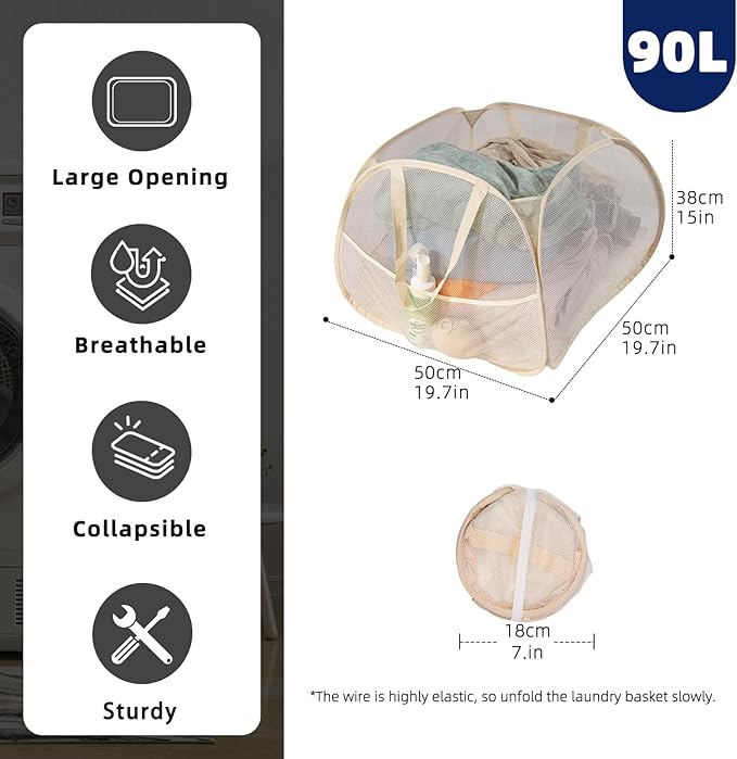 Collapsible Laundry Basket 90L, Foldable Mesh Pop-up Laundry Hamper