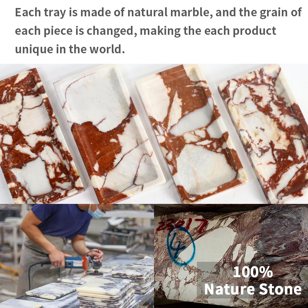 Small Marble Bathroom Tray, Real Marble Vanity Tray, Natural Stone Organizer for Countertop, Mini Marble Organizer for Jewelry Perfume Towel, Non-Resin Non-Ceramic (Calacatta Red 7.9" x 3.9" x 0.7")