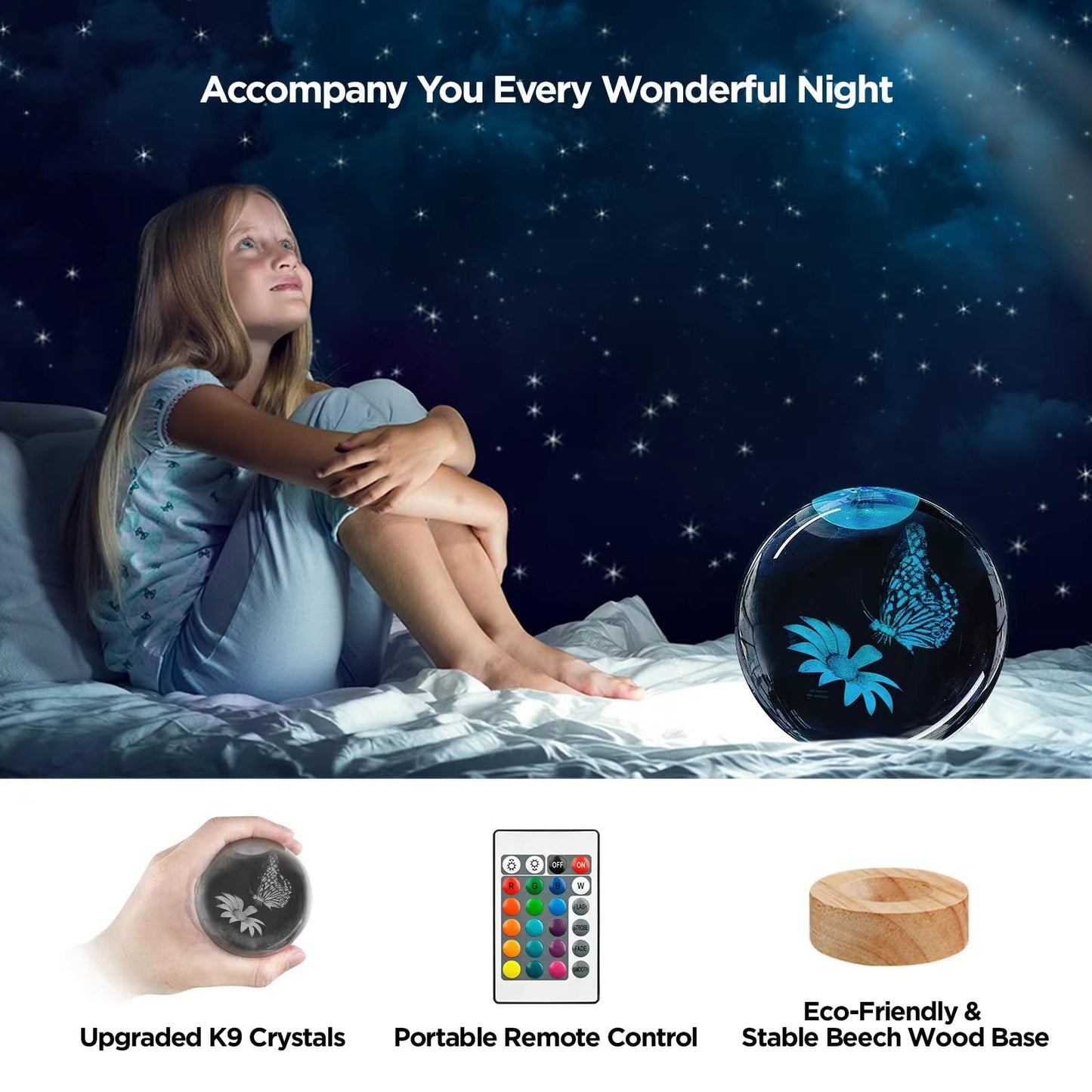 Huntalg 3D Butterfly Crystal Ball Night Light with 16 Colors and 4 Modes, Upgraded K9 Crystal, 3.15 Inch Butterfly and Flower Figurines, Remote Control, Gift Box