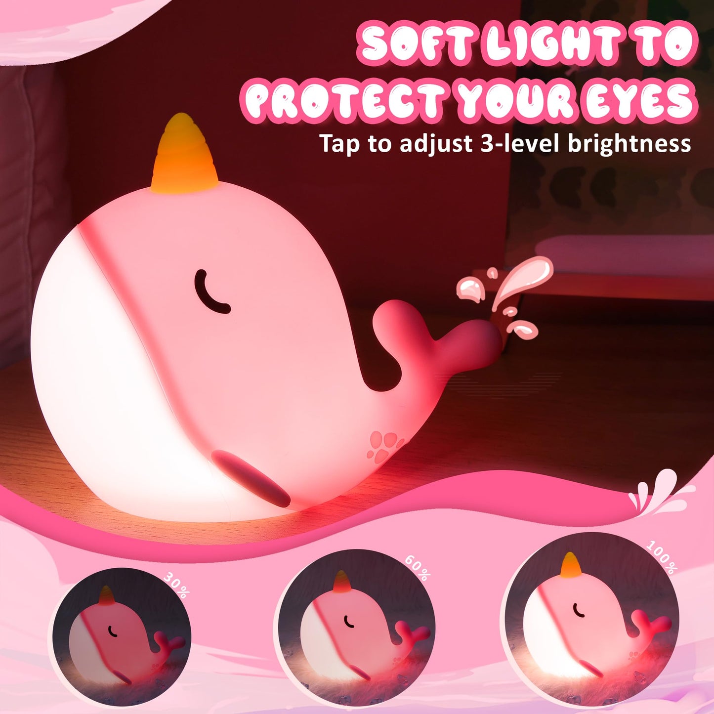 Ammonite Pink Narwhal Night Light, Soft Silicone Whale Nursery Lamp with 3 Dimming Levels and 30-Minute Timer, Touch Control Nightlight for Bedroom Decor, Christmas Birthday Gift
