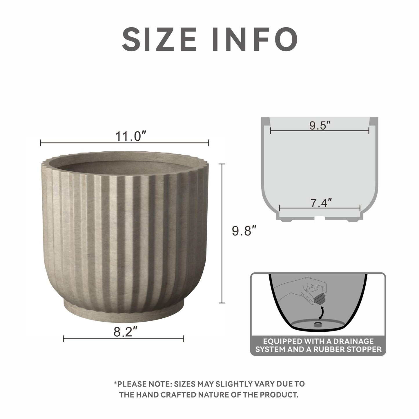 Kante Round Fulted Planter, 11 Inch Dia Large Concrete Plant Pots with Drainage Hole and Rubber Plug, Modern Decor for Indoor Outdoor Plants, Flower, Weathered Concrete