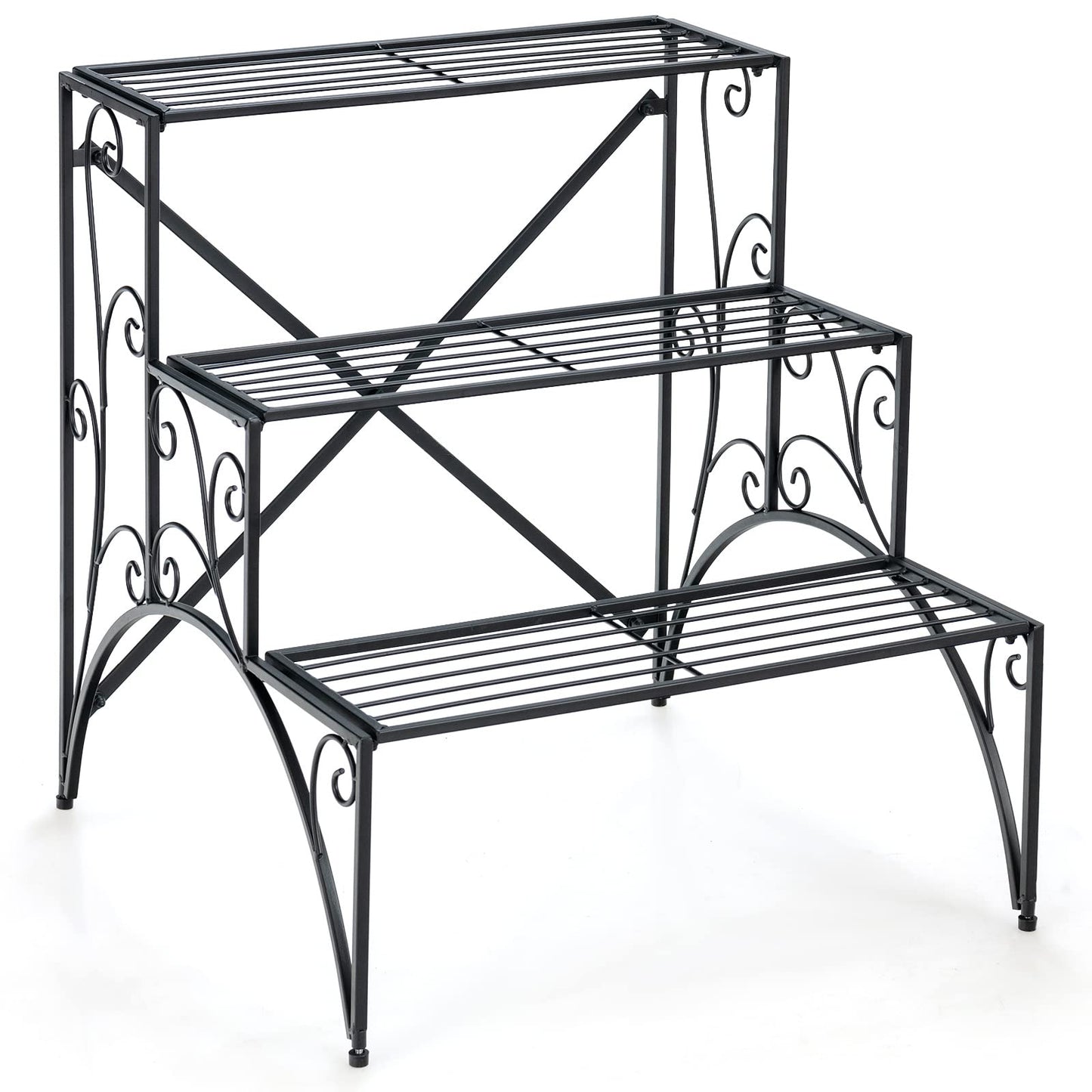 Giantex 3 Tier Metal Plant Stand, Black Corner Plant Stand Indoor w/ Widened Grid Shelf & Non-Slip Foot Pads, Display Rack Holder for Outdoor Porch Garden Patio Balcony