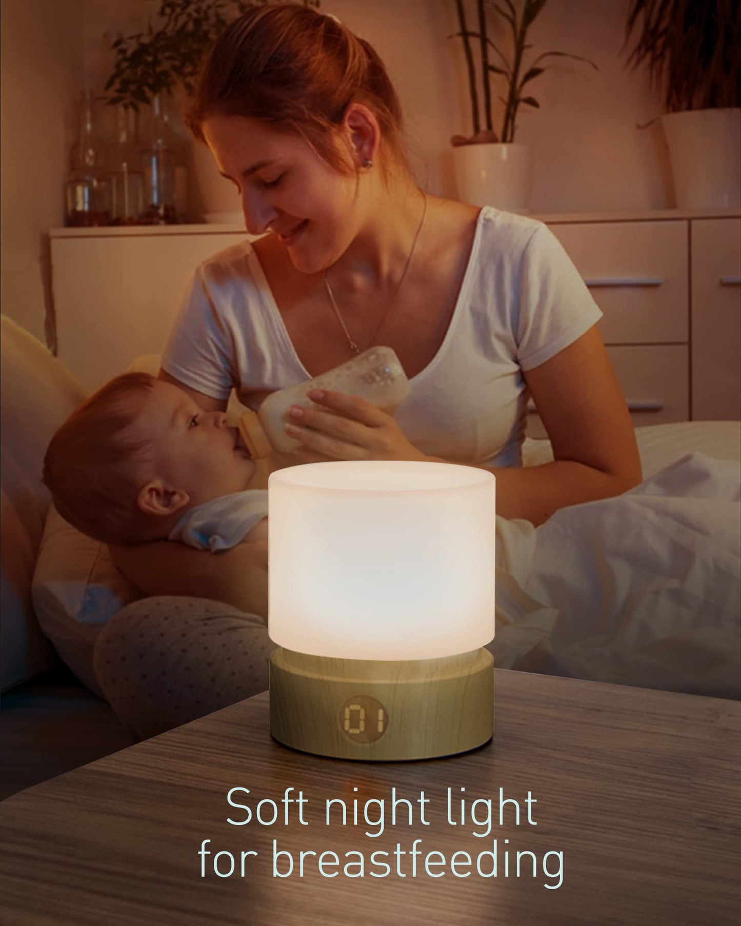 Smilodon Timer Night Light,Dimmable LED Bedside Lamp,Night Light Kids and Baby Nursery,Woodgrain,Sleep Aids Light,Rechargeable,Battery Operated