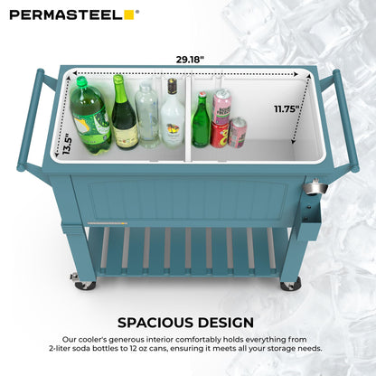 Permasteel Party Cooler with Divider, Spacious 80-Qt Capacity, Chills 36hrs, Serving Tray, Rolling Ice Chest for Indoor and Outdoor Entertainment, Matte Teal