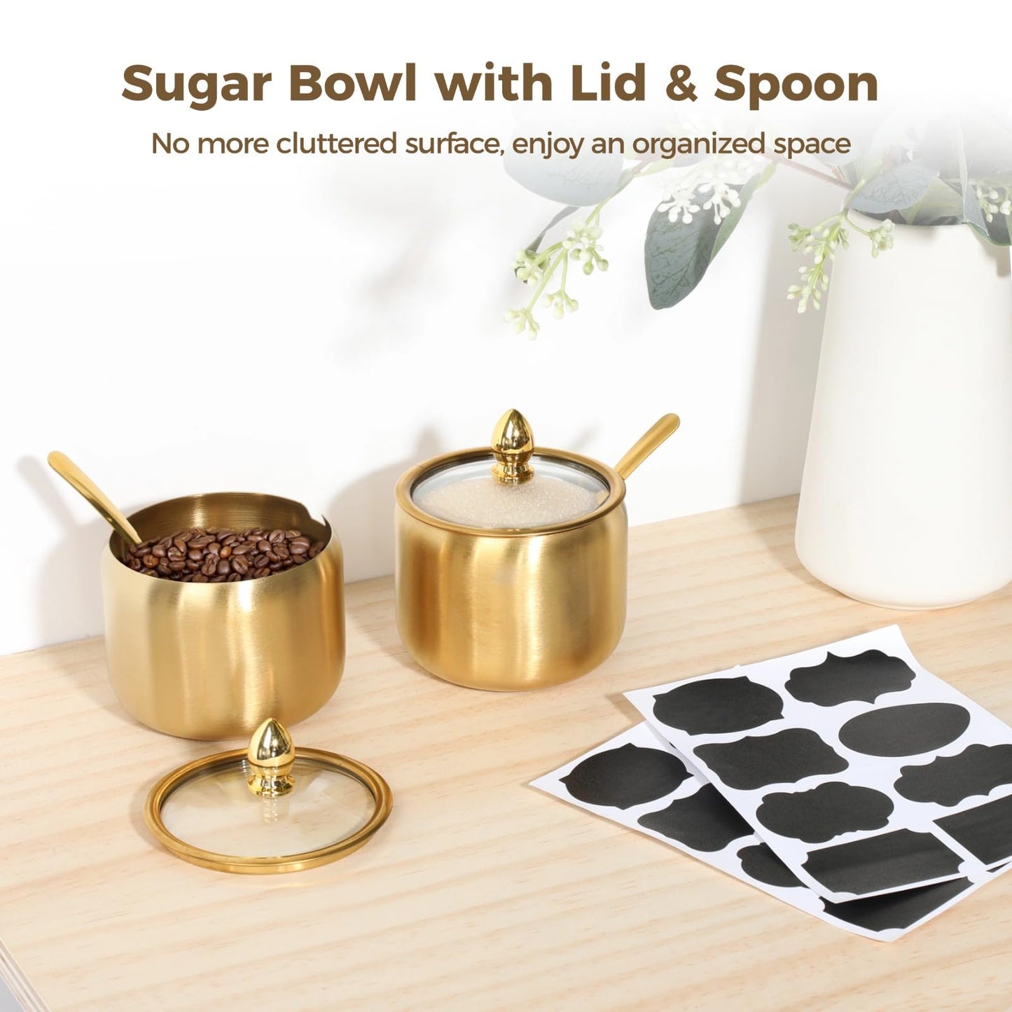 Homaisson 4 Sets Sugar Bowl with Lid And Spoon - 10 Oz Stainless Steel Sugar Container for Coffee Bar, Gold Spice Jar with Label Stickers, Small Condiment Container for Tea Pepper Herbs