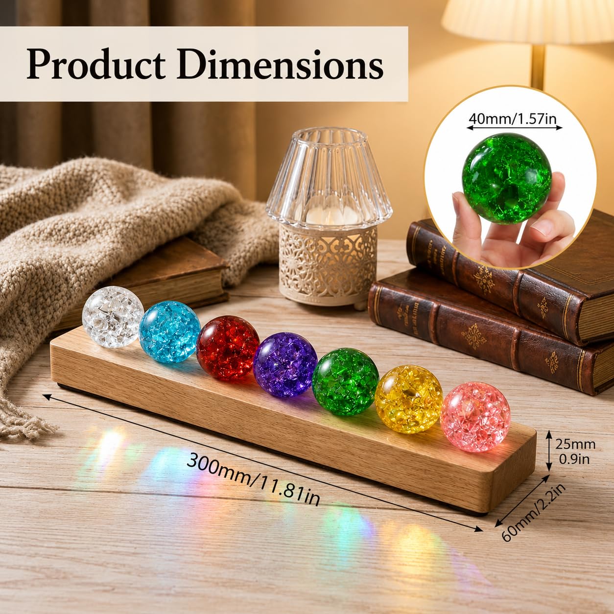 JINWU ClearPeak 7 Colors 40mm Ice Cracked Crystal Balls, Chakra Healing Sphere with LED Wooden Base, Glass Night Light for Home Living Room Meditation, Valentines Day (Set 7-Rainbow)