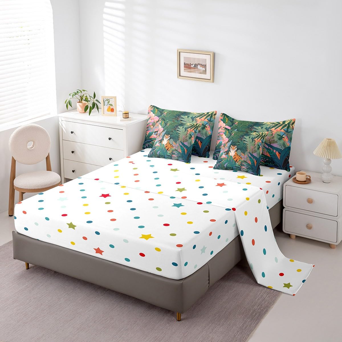 Erosebridal African Tiger Bedding Set King Size, Safari Animal Wildlife Comforter Set, Palm Tree Leaves Kids Teens (Comforter+Fitted+Flat Sheet+2 Pillowcases+2 Throw Pillow Covers) 7 Pieces Bed Set