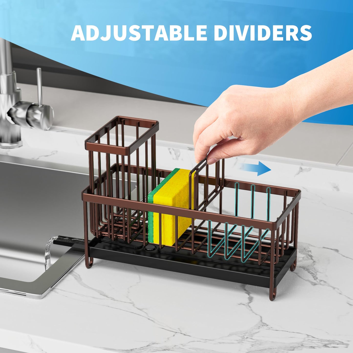 Cisily Black Sponge Holder for Kitchen Sink, Sink Caddy Organizer with High Brush Holder, Kitchen Countertop Organizers and Storage Essentials, Rustproof 304 Stainless Steel, Soap Dispenser Organize
