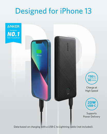 Anker Portable Charger, USB-C Portable Charger 10K with 20W Power Delivery, Power Bank (PowerCore Slim 10K PD) for iPhone 14/13/12 Series, S10, Pixel 4, and More