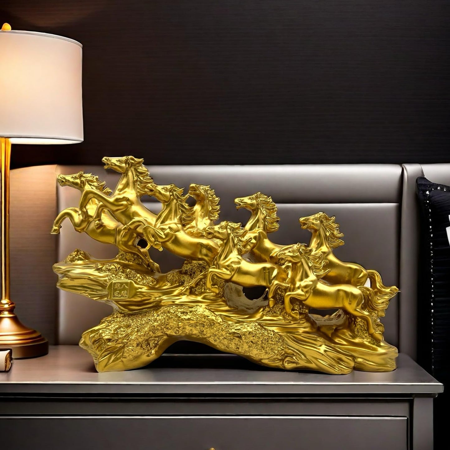 FUNSXBUG Chinese Feng Shui Horses Statue Sculpture - Resin Running Horse Figurines Home Office Decoration Tabletop Decor Ornaments for Wealth and Success Good Lucky Gifts Gold