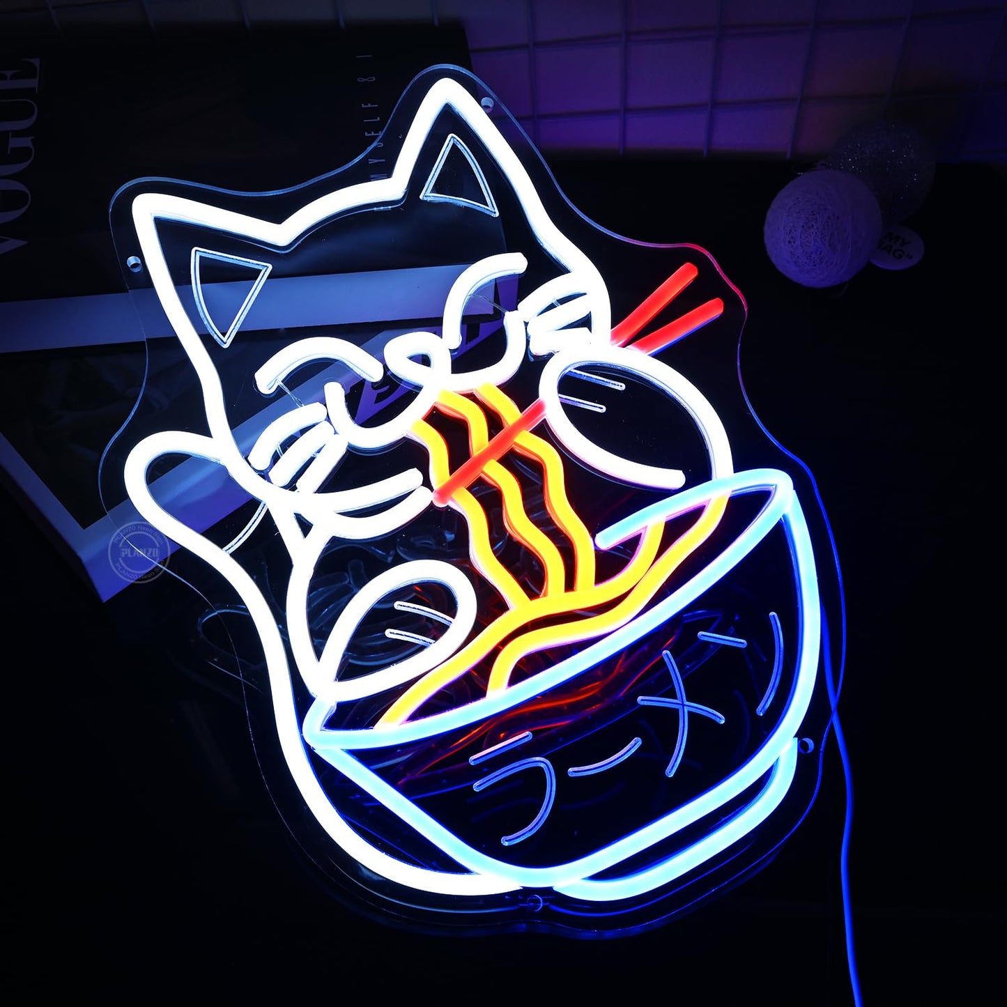 Planzo Cat Ramen Neon Sign Light Japanese Noodle Resturant Home Bar Pub Kitchen Dinning Room Cafe Shop Cut Cat USB Warm White 15.75"X11.8"