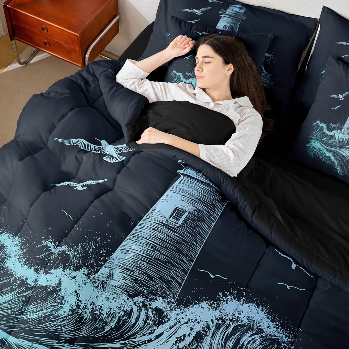 Erosebridal Boys Nautical Comforter Set Men Lighthouse Bed in A Bag Full Size 7 Pieces Ocean Wave Bed Set Surfing Coastal Bedding