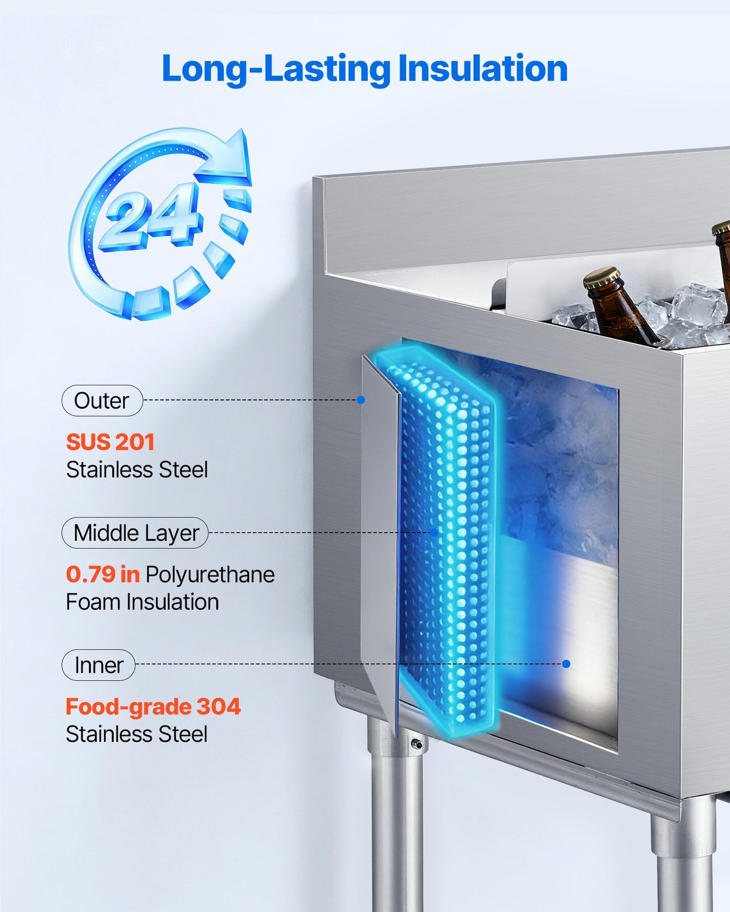 VEVOR Commercial Ice Bin, 137.4 Qt Max Capacity, 48 x 19 x 33 Inch Stainless Steel Ice Chest with Sliding Lid and Bottle Holders, Cooler Cart Cocktail Unit for Bar Restaurant Pub, NSF Certified