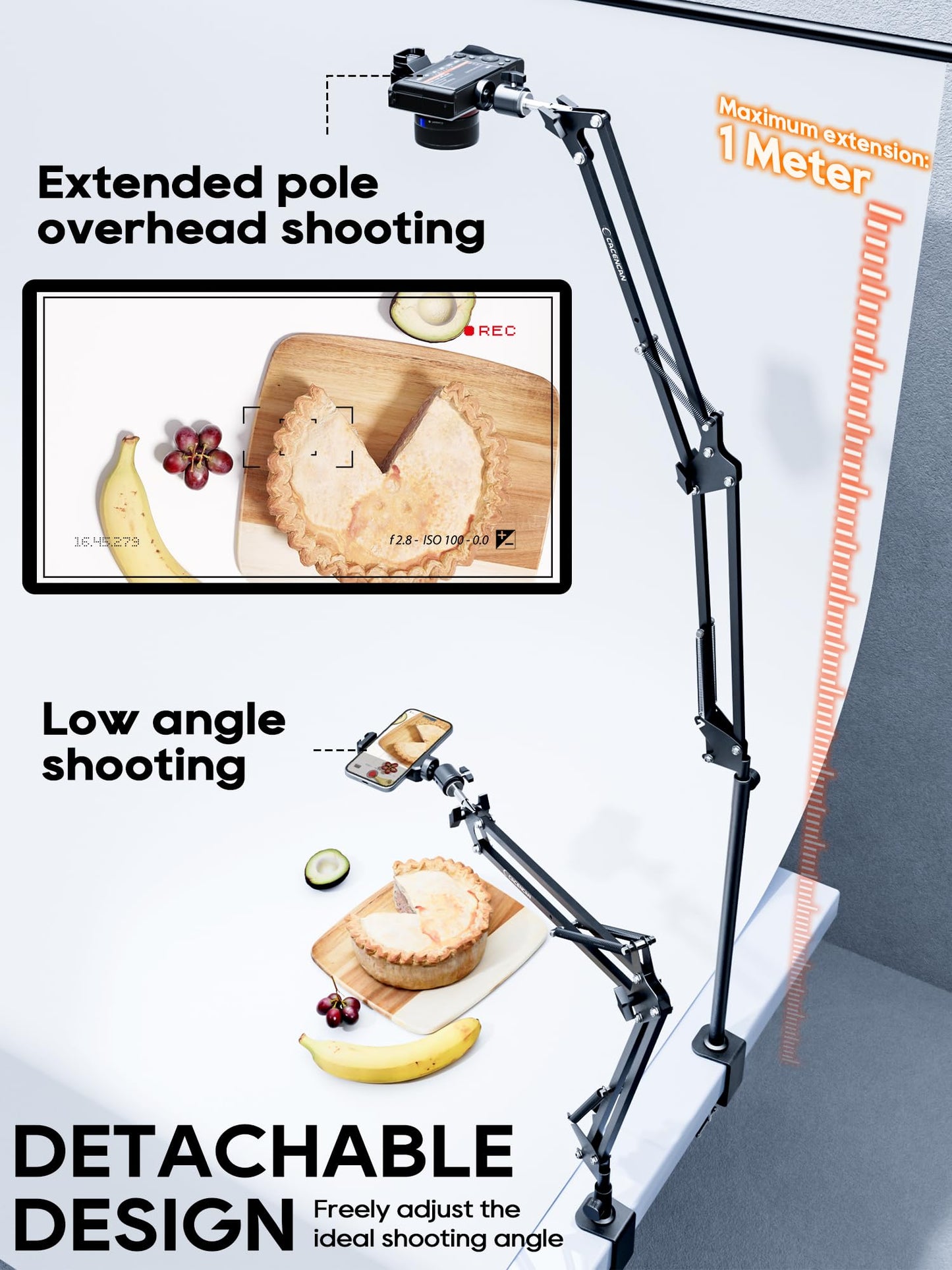 Overhead Camera Mount, Desk Camera Mount with Articulating Arm, 5lb Load Capacity, 360° Adjustable Stand for Phone/DSLR/Webcam, C-Clamp Tabletop Mount for Video Recording, YouTube, Live Streaming