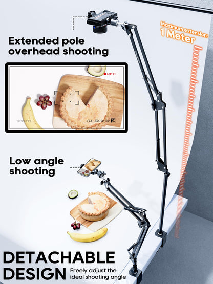 Overhead Camera Mount, Desk Camera Mount with Articulating Arm, 5lb Load Capacity, 360° Adjustable Stand for Phone/DSLR/Webcam, C-Clamp Tabletop Mount for Video Recording, YouTube, Live Streaming